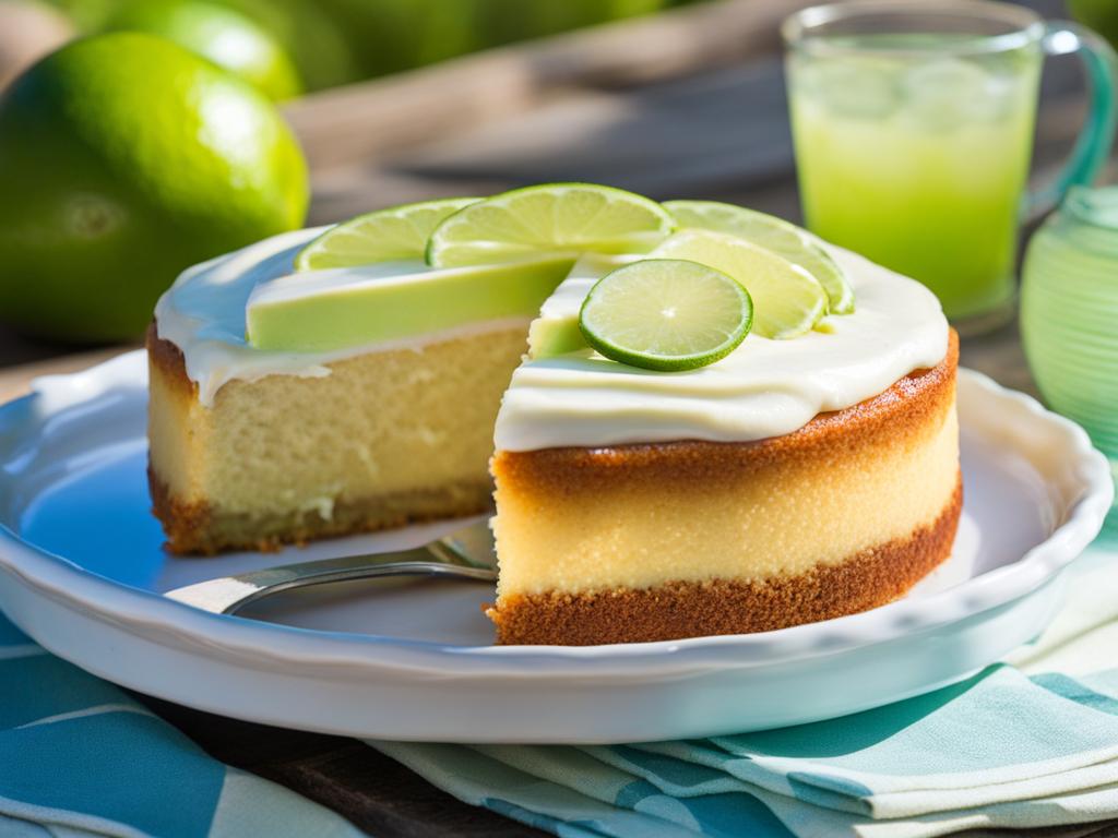 key lime pie cake with a tangy glaze, enjoyed at a coastal beachside picnic. 