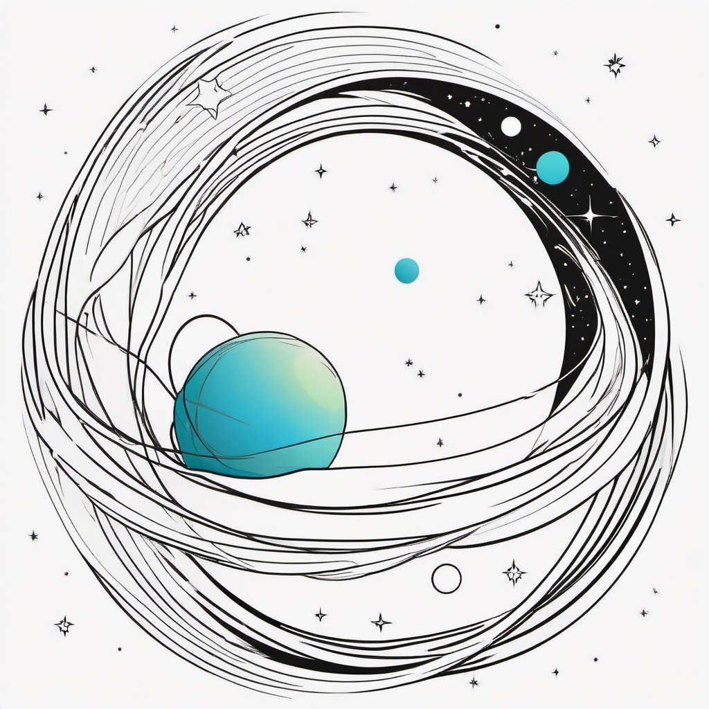 Planet Tattoo - A vivid planet tattoo orbiting in space  few color tattoo design, simple line art, design clean white background