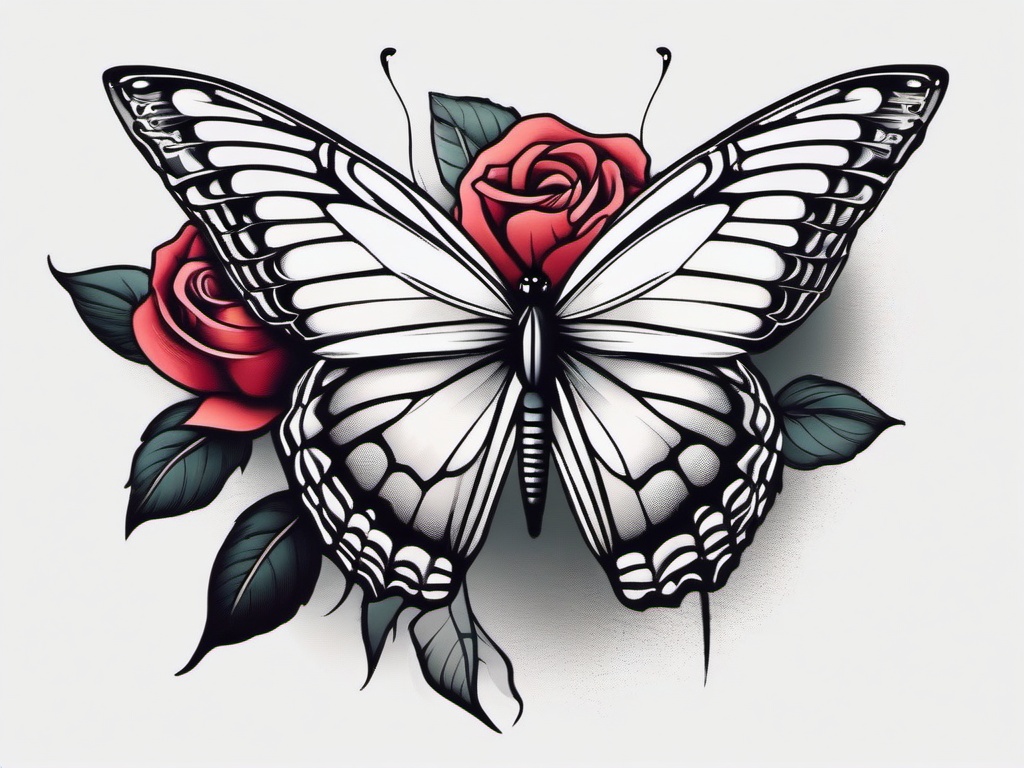 butterfly with a rose tattoo  simple color tattoo,white background,minimal