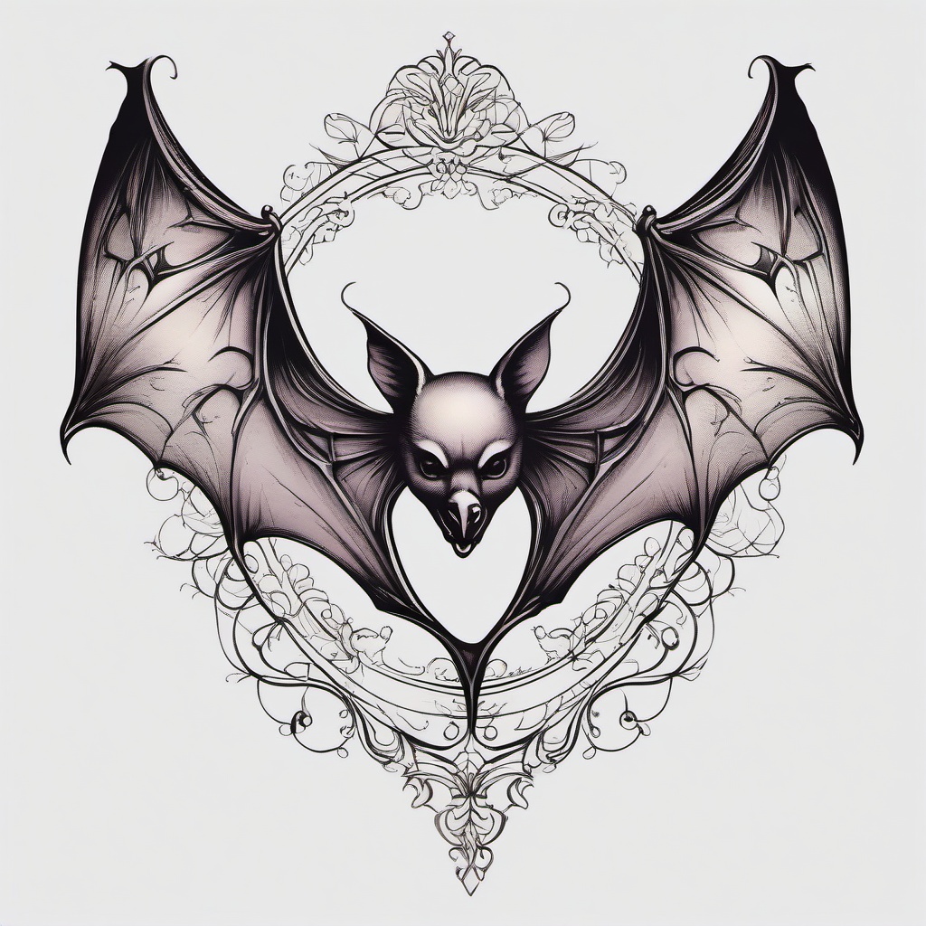 Feminine Bat Tattoo-Gothic and feminine representation of a bat, exploring elegance and mystique.  simple color tattoo,white background