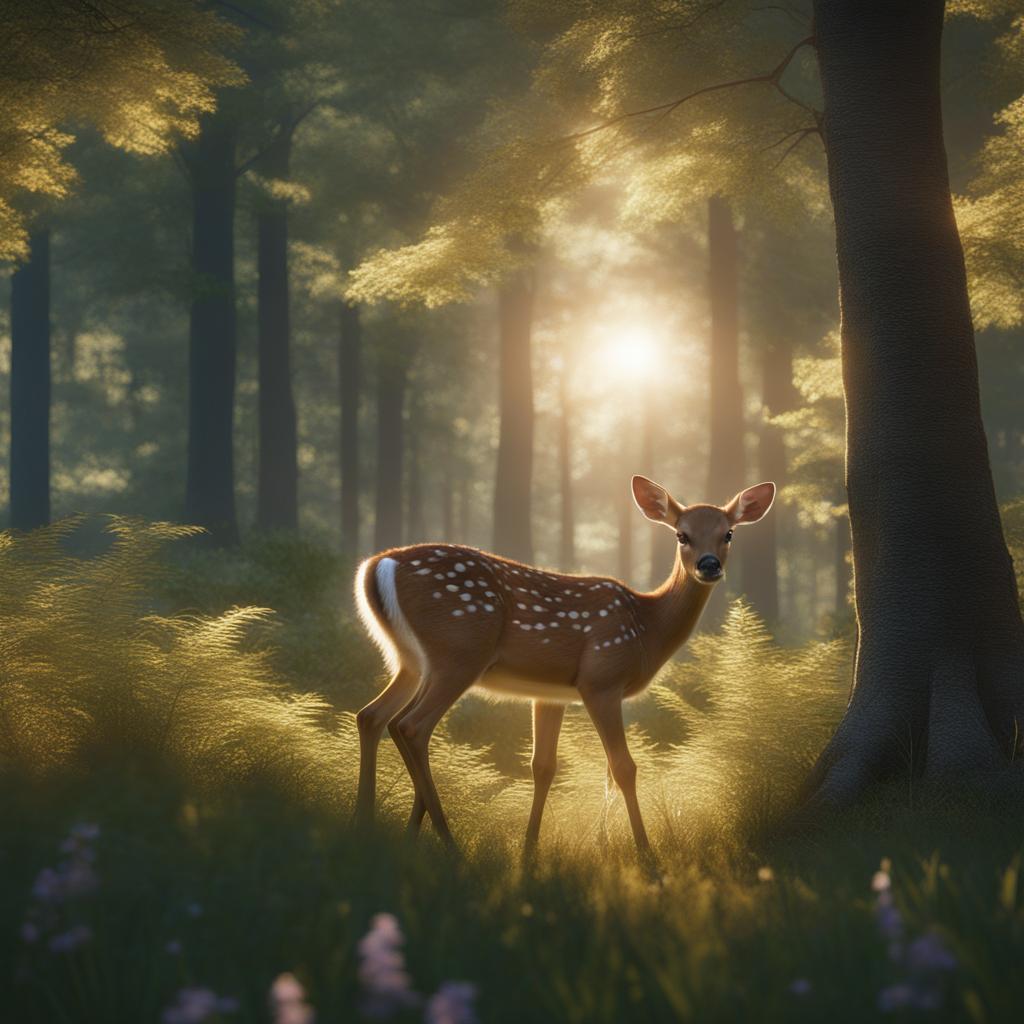 fawn grazing peacefully in a sun-dappled forest glade 8k ultrarealistic cinematic 