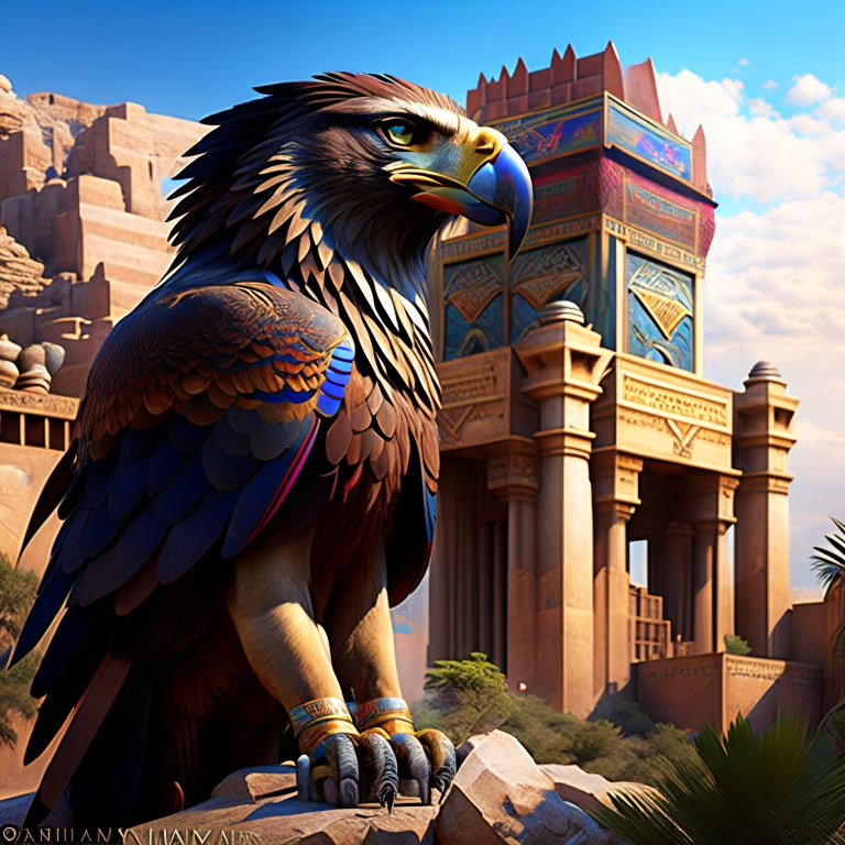 anzu, the mythic eagle, guarding the gates of an ancient mesopotamian city with vigilant eyes. 