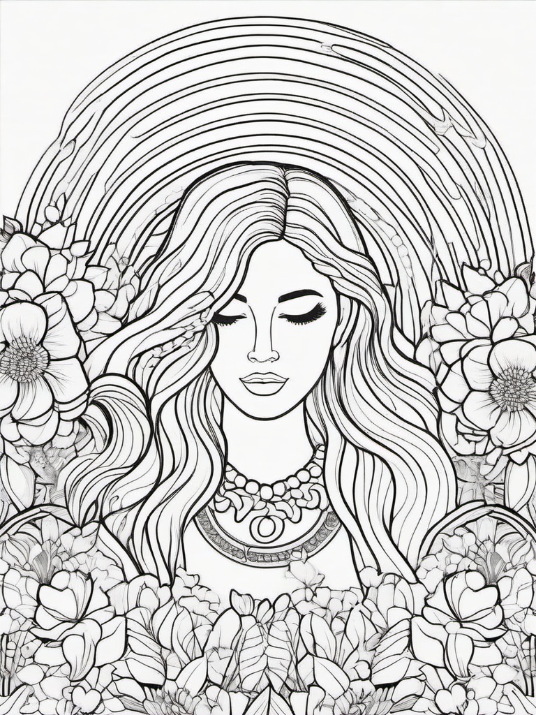 Rainbow Coloring Page - Rainbow intertwined with lovely flowers.  easy,simple,minimal,coloring pages,black and white outline