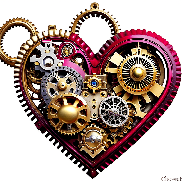 clockwork automaton with gears and cogs, powered by a heart-shaped mechanism. 