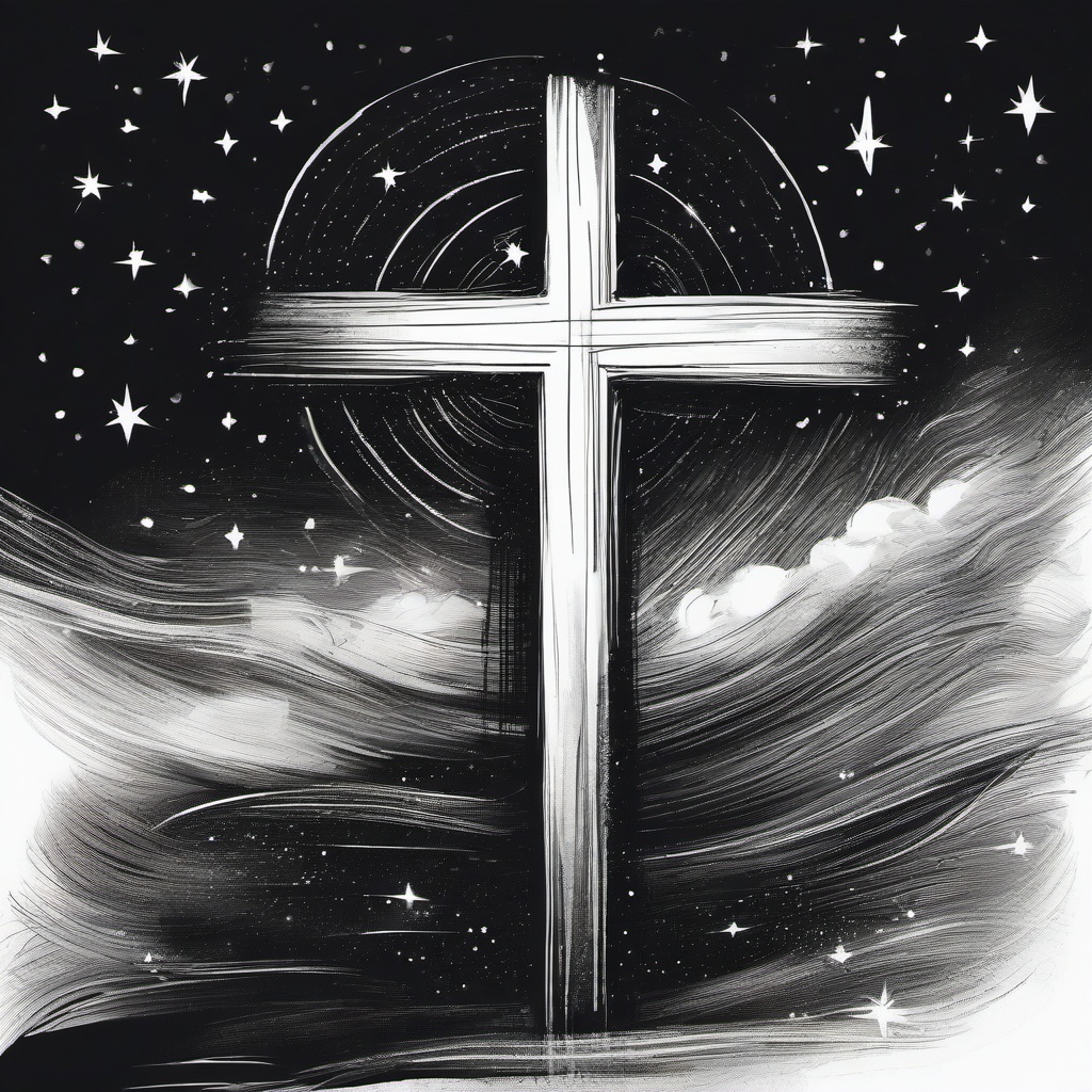 drawing of a cross surrounded by stars  minimal rough sketch scribbles,doodles,black and white