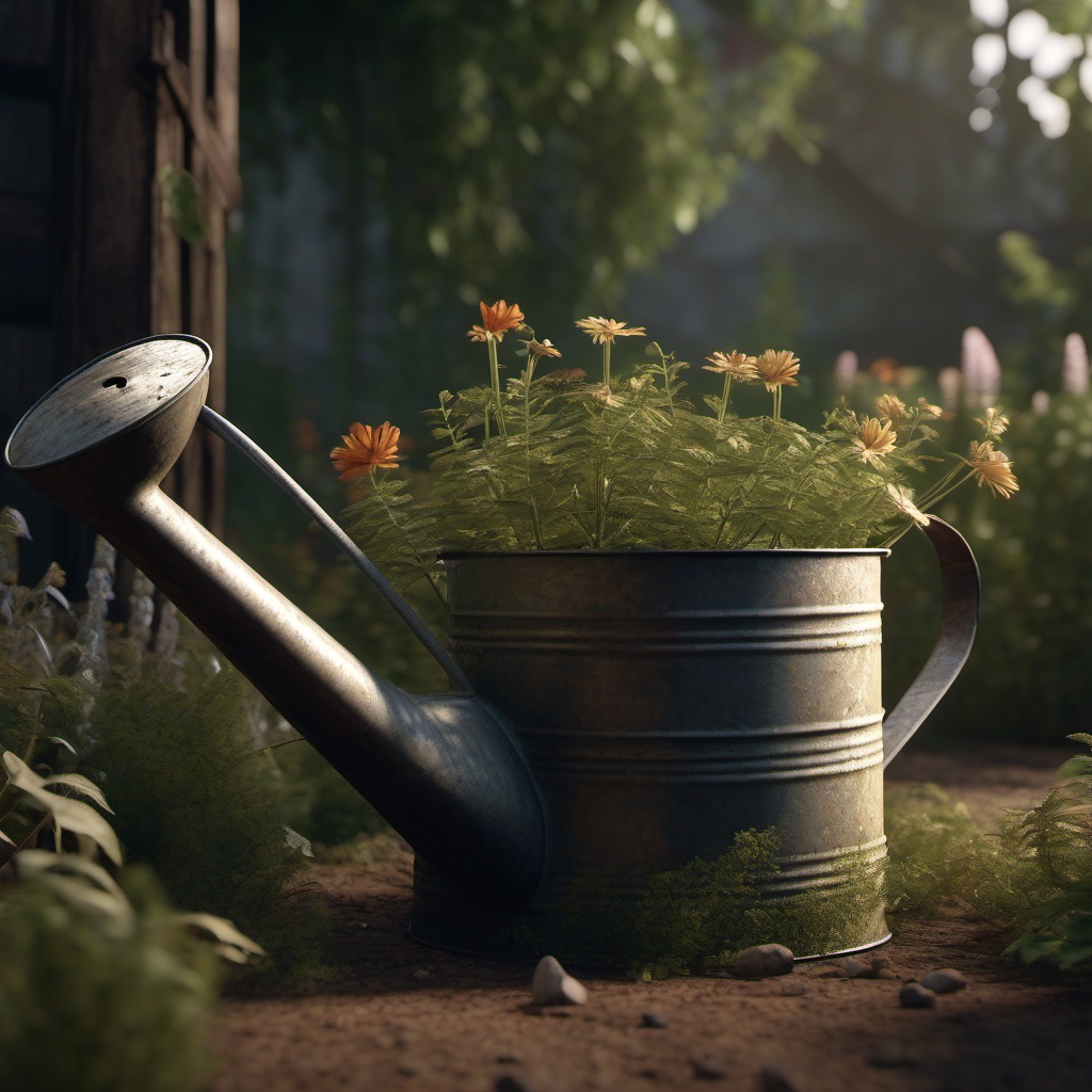 In a forgotten garden, an old watering can brings life to the withered plants.  8k, hyper realistic, cinematic