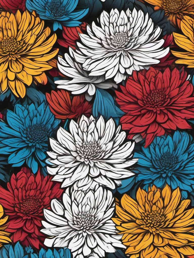 Floral Chrysanthemums - Layered petals in various bold colors.  outling,coloring pages,black and white