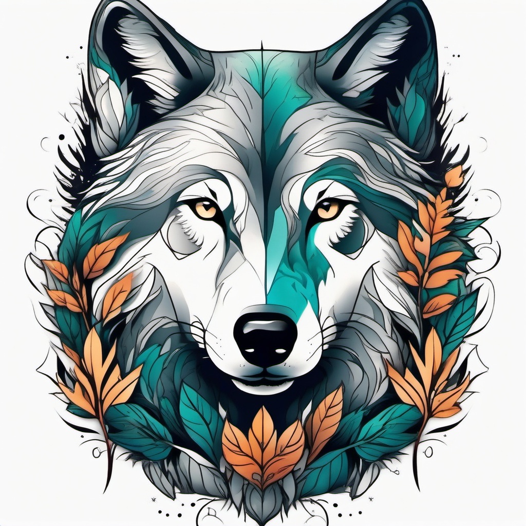 wolf and forest tattoo  simple color tattoo,white background