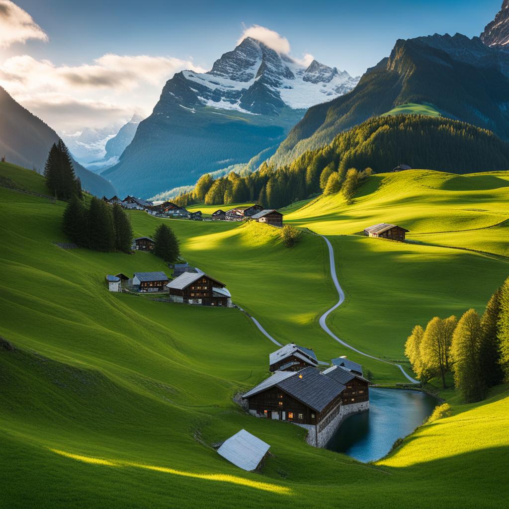 enchanted grindelwald valley - illustrate the enchanting beauty of grindelwald valley, featuring alpine pastures and breathtaking mountain peaks. 