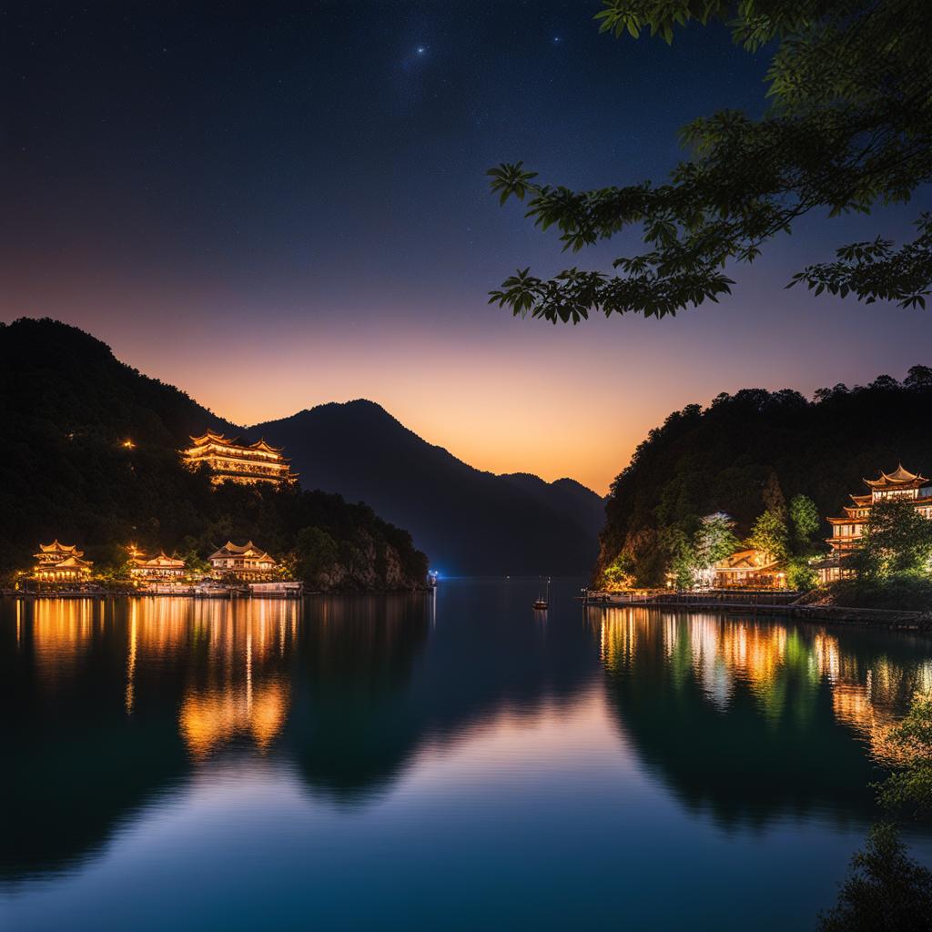 qiandao lake - capture the peaceful night on qiandao lake, where crystal-clear waters surround lush islands and traditional fishing villages under a starlit canopy. 