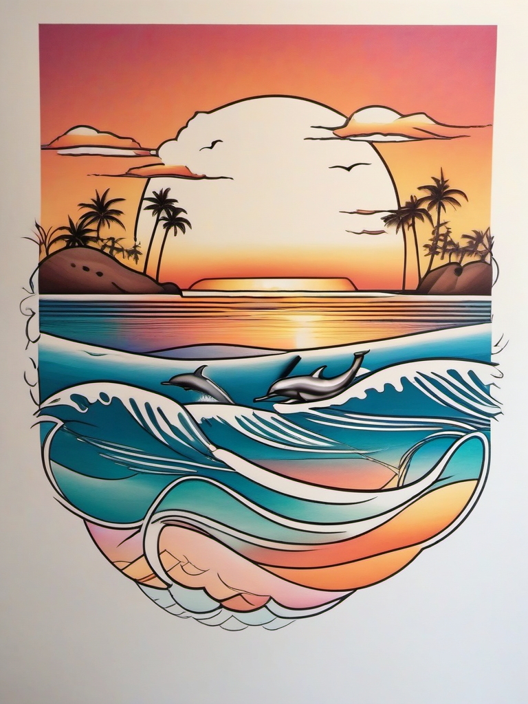 Tropical Sunset Soiree - Dolphins playing under a warm sunset in a beach-themed tattoo.  outline color tattoo,minimal,white background