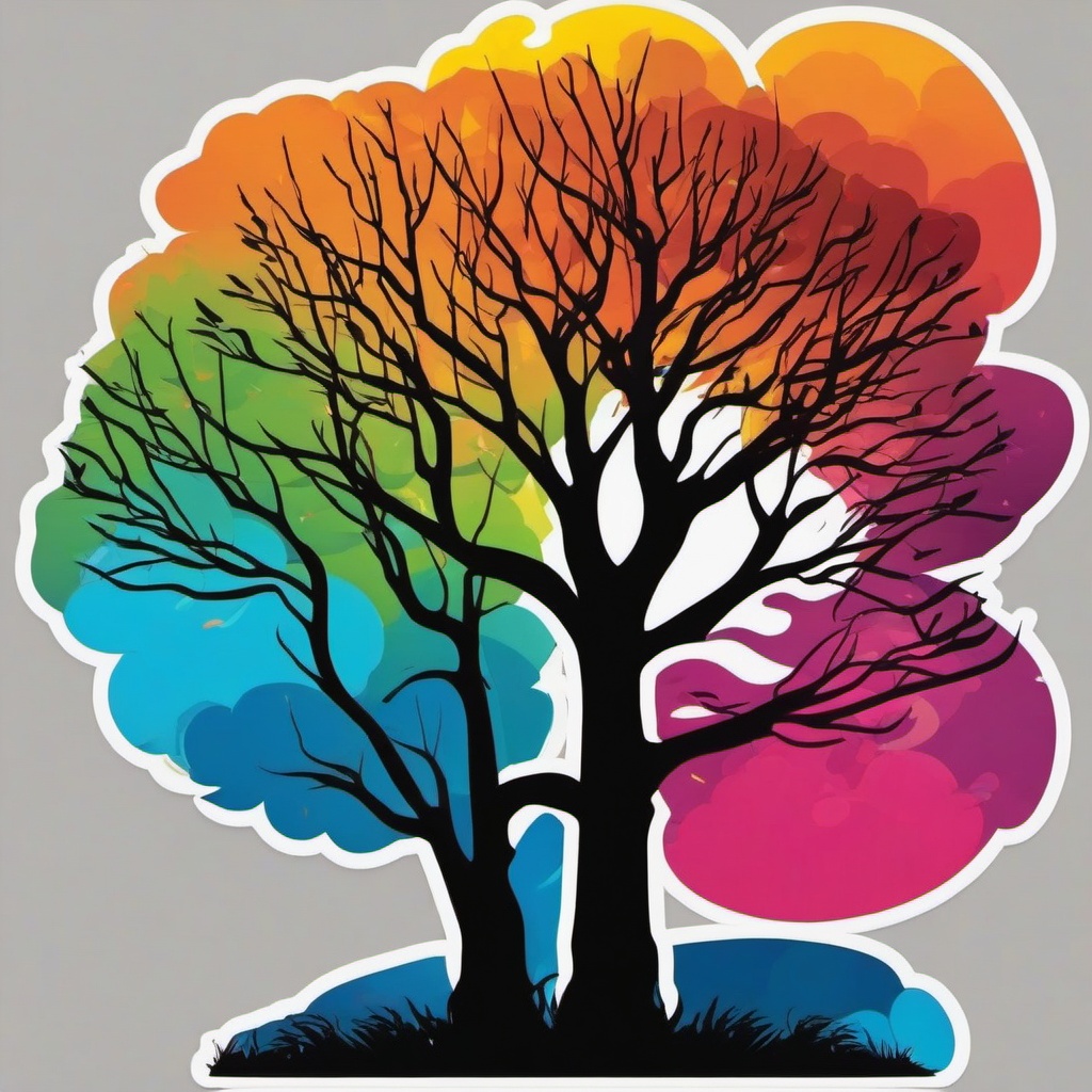 Tree Silhouette Sticker - Silhouetted tree against a colorful background, ,vector color sticker art,minimal