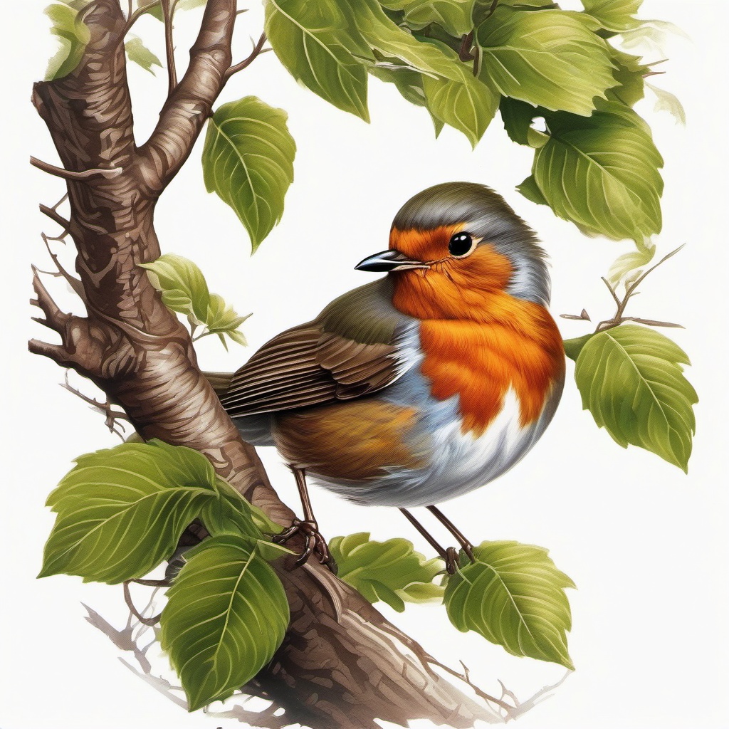 Robin Tattoo - Robin building a nest in a leafy tree  color tattoo design, clean white background