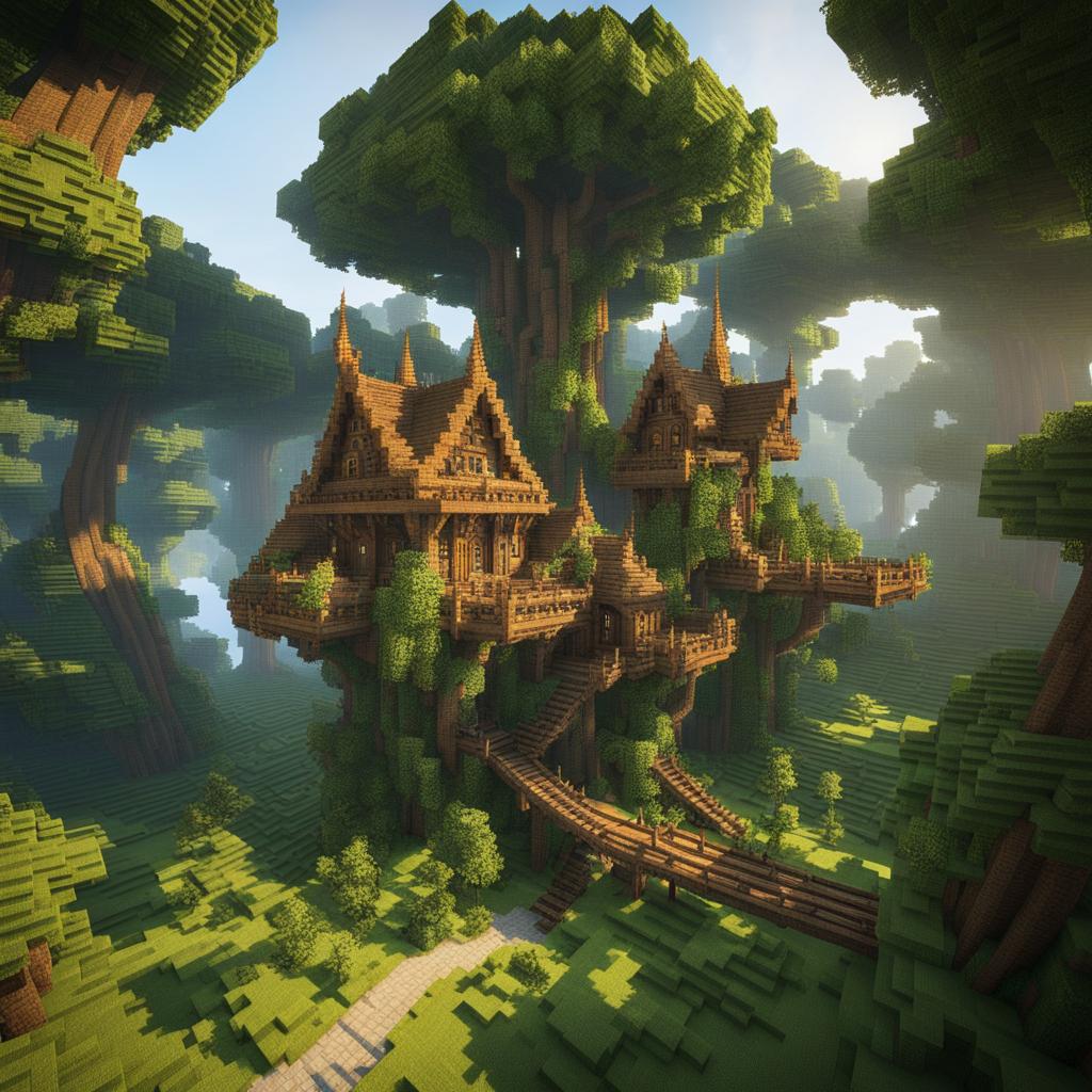 elven kingdom in the treetops of a mystical forest - minecraft house design ideas 