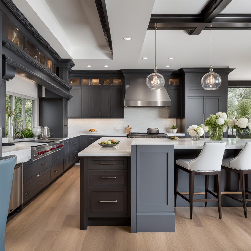 transitional kitchen with a blend of modern and classic elements. 