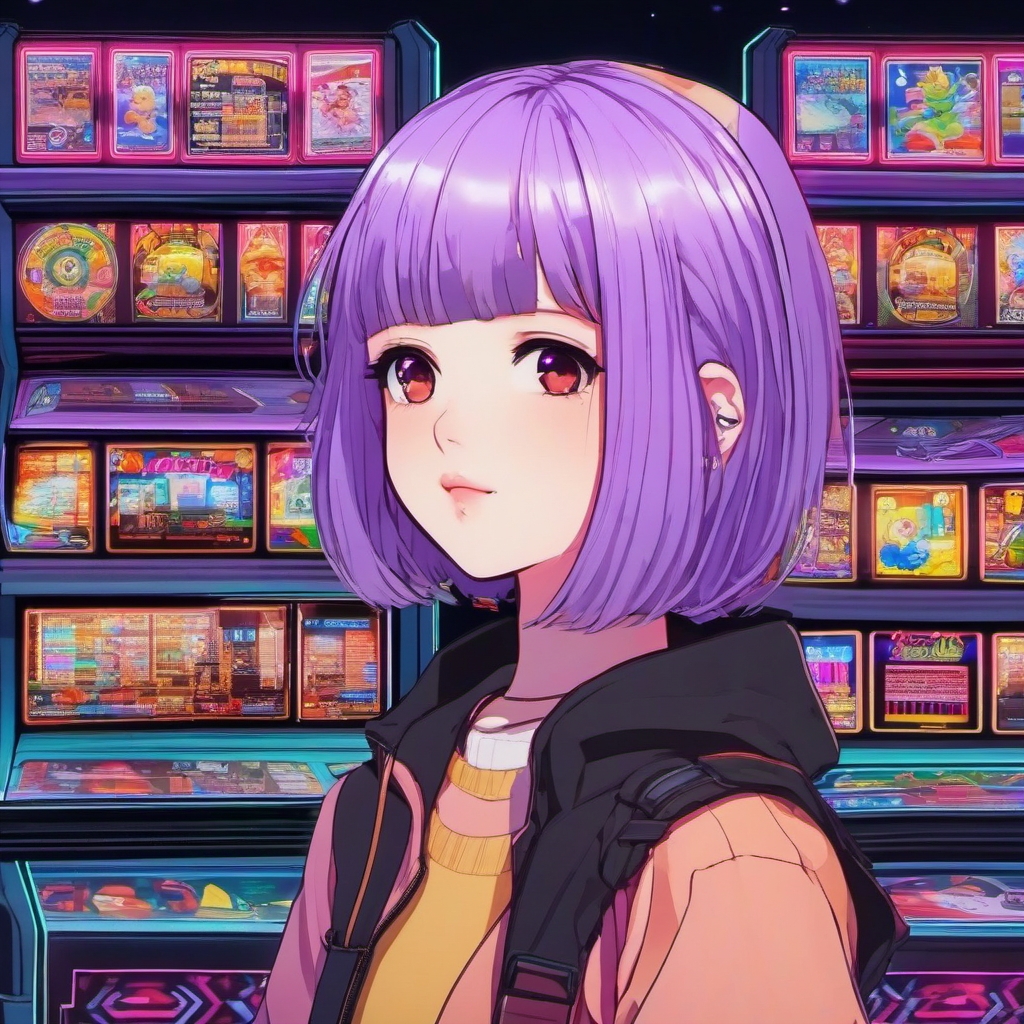 Girl with lavender bob hair in a hidden arcade with retro games.  close shot of face, face front facing, profile picture, anime style