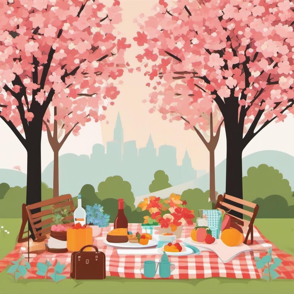 Picnic Under Blooming Trees clipart - Picnic under trees in full bloom, ,vector color clipart,minimal