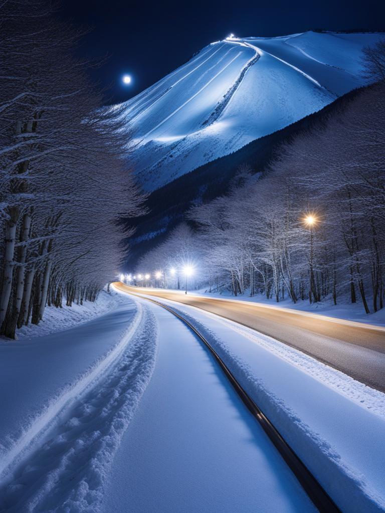 tateyama kurobe alpine route - create a serene night painting of the tateyama kurobe alpine route, with its snow walls glowing softly under the moonlight. 