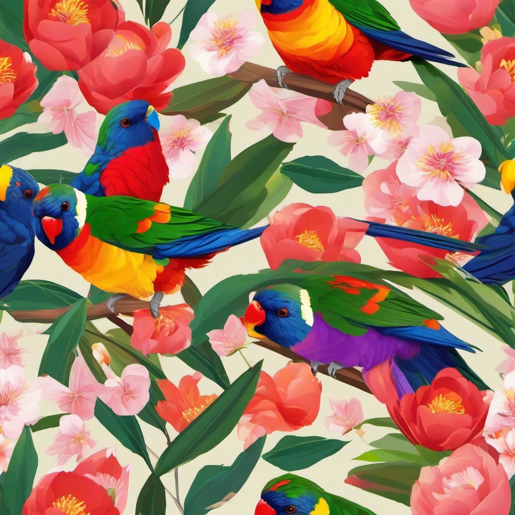 Lorikeet Clipart - Lorikeet feeding on nectar from vibrant blossoms , minimal, 2d