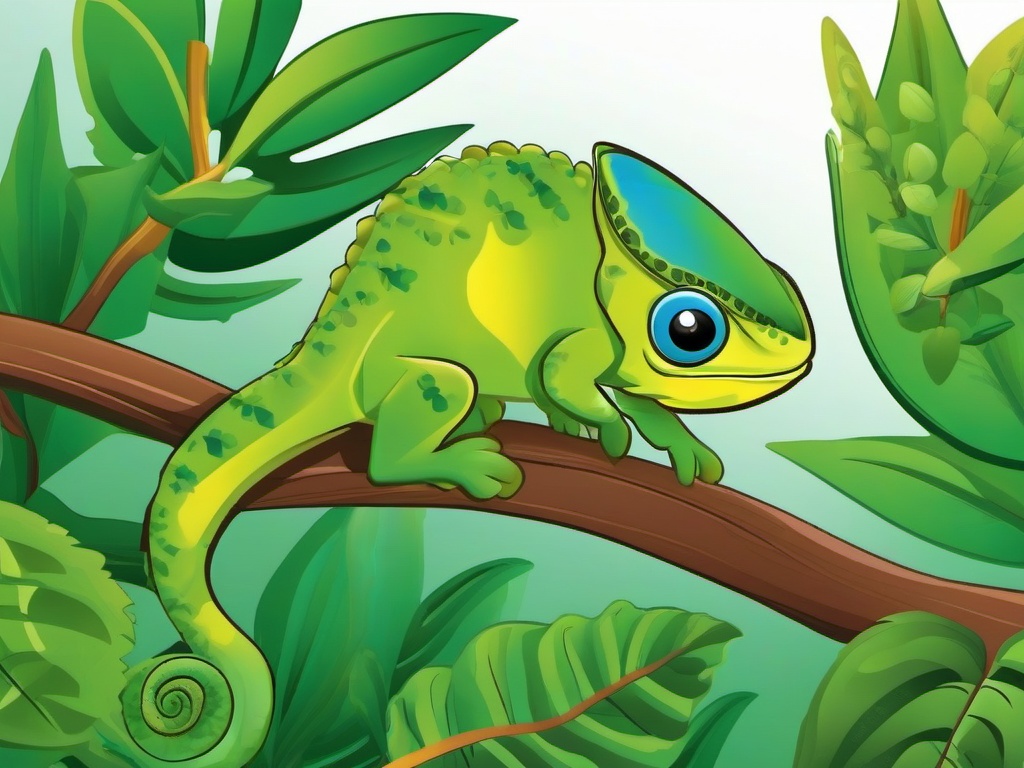 Chameleon Cartoon - Cartoon of chameleon blending into leaves  