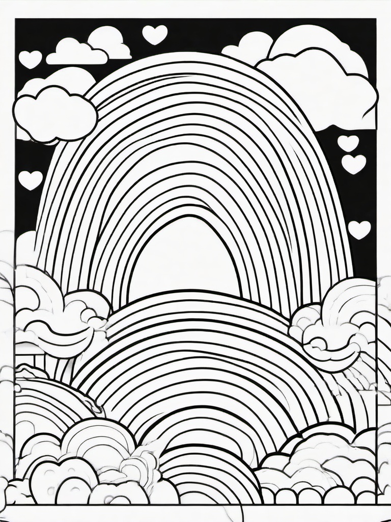 Rainbow Coloring Page - Large rainbow with playful rainbows and hearts.  easy,simple,minimal,coloring pages,black and white outline