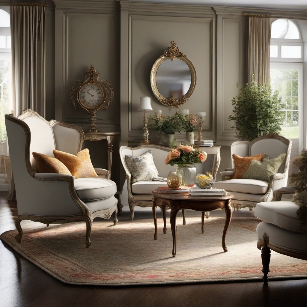 French Provincial Elegance - Create an elegant French provincial living room with vintage charm. , living room decor ideas, multicoloured, photo realistic, hyper detail, high resolution,