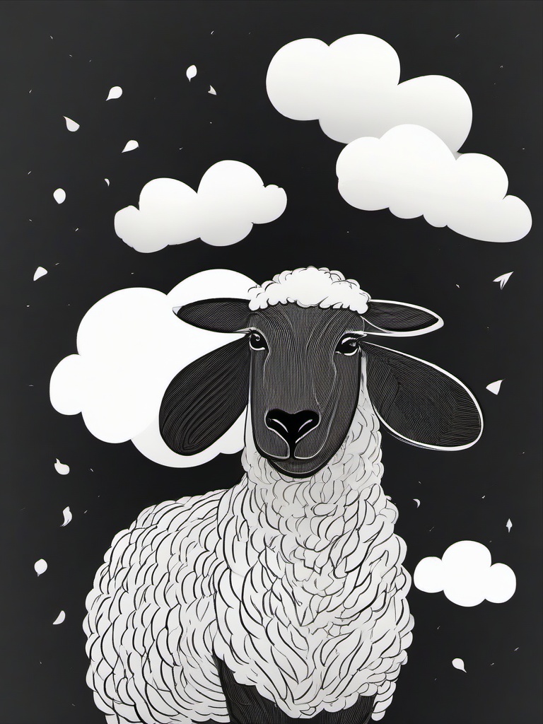 drawing of a sheep with clouds  minimal rough sketch scribbles,doodles,black and white