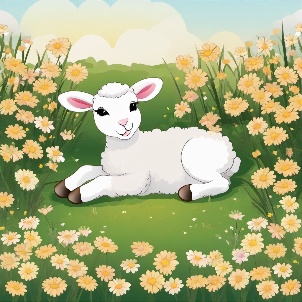 Lamb clipart - lamb lying down in a field of flowers  