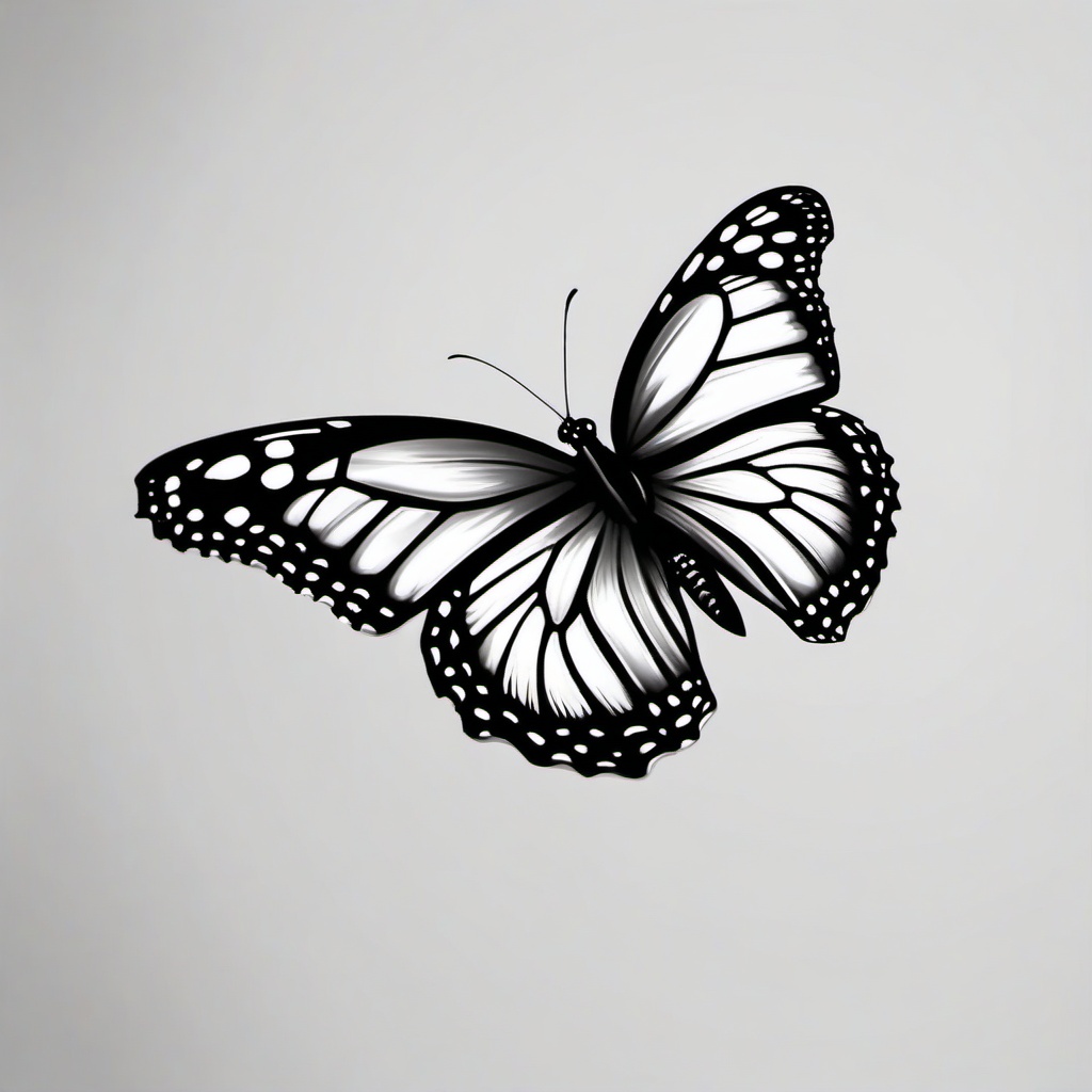 black and grey monarch butterfly tattoo  simple color tattoo, minimal, white background