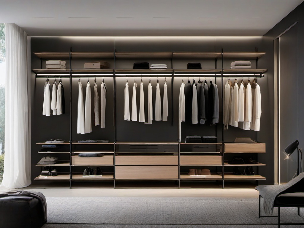 Bauhaus walk-in closet features sleek shelving systems, minimalist clothing racks, and functional lighting, creating an organized and modern dressing space.  