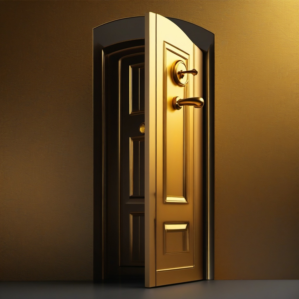 Golden Key Clipart - Shiny golden key unlocking a mysterious door.  color clipart, minimalist, vector art, 