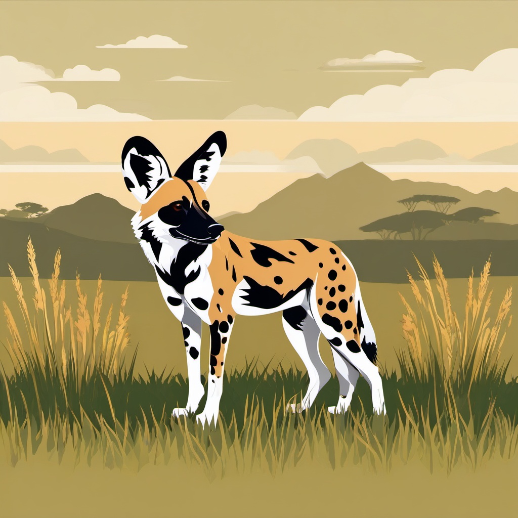 African Wild Dog Clip Art - African wild dog in the grasslands,  color vector clipart, minimal style