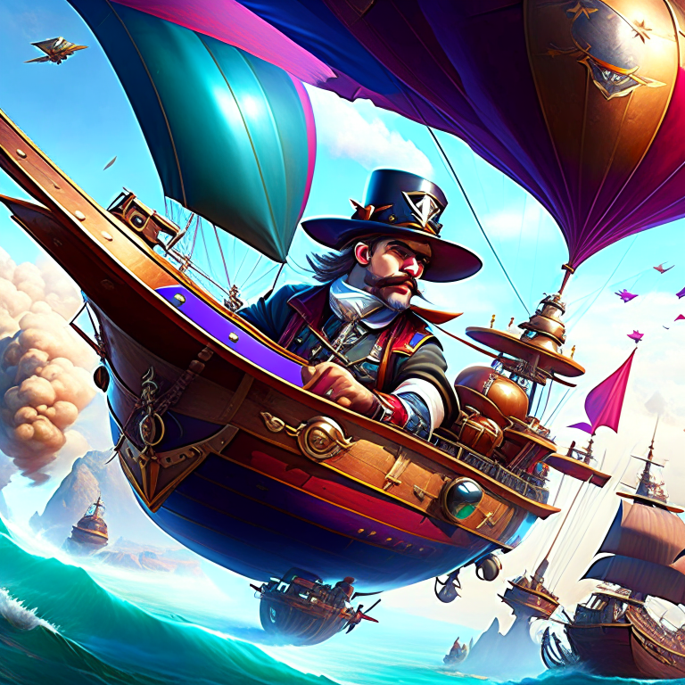 swashbuckling airship captain leading a daring skyship raid on a pirate stronghold. 