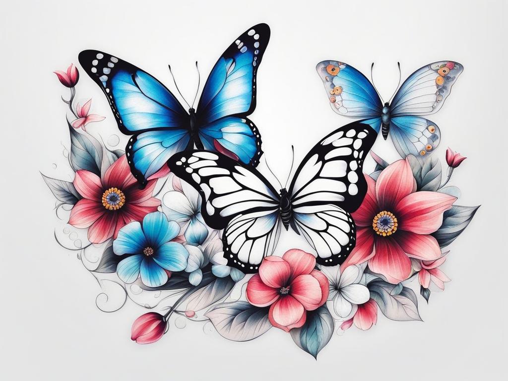 Butterfly flower tattoo, Creative tattoos featuring both butterflies and flowers. colors, tattoo patterns, clean white background