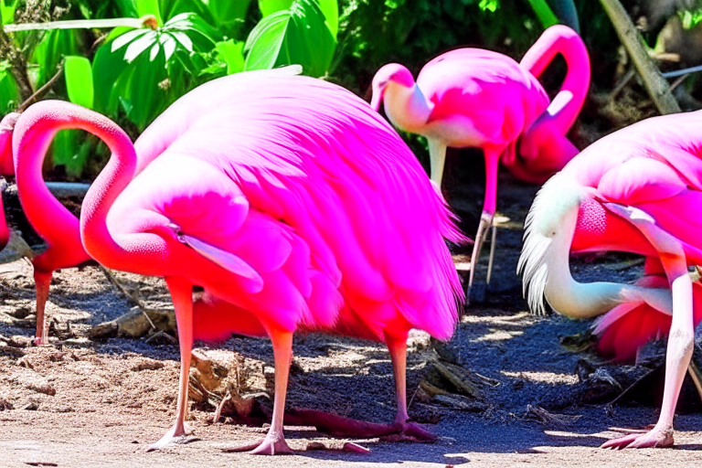 flamingos hosting a 'leg-bending challenge,' striking absurd poses to test their flexibility. 