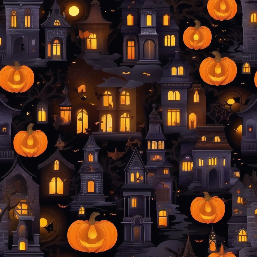 Halloween Night Wallpaper Spooky Ambiance with Haunted Scenes and Moonlit Nights wallpaper splash art, vibrant colors, intricate patterns