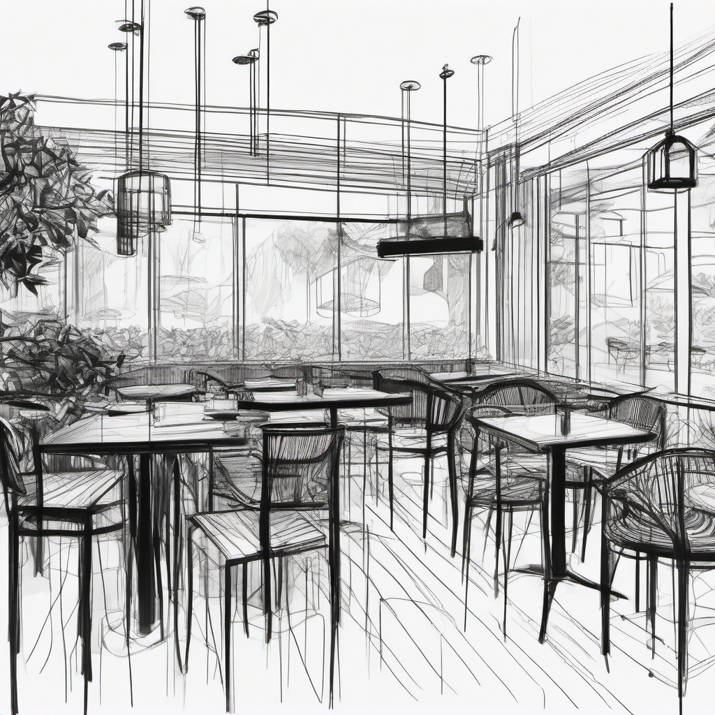 drawing of cafe  minimal rough scribbles,doodles,black and white