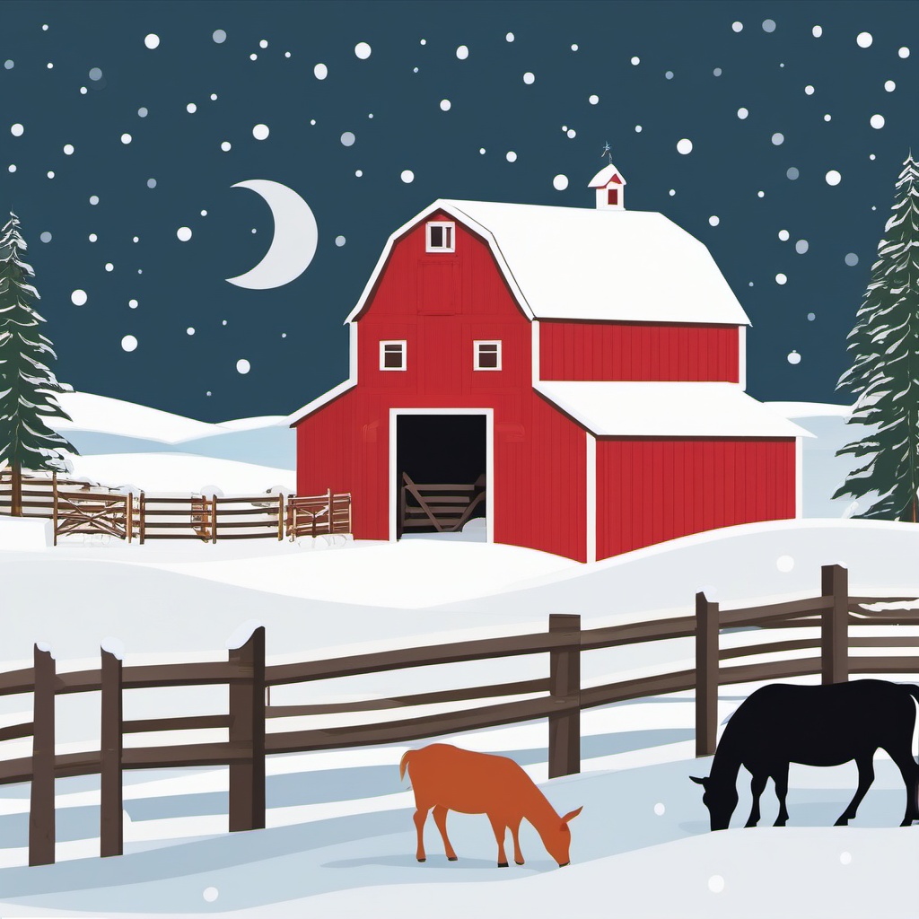 Snowy Farm Scene clipart - Snowy farm with barn and animals, ,vector color clipart,minimal