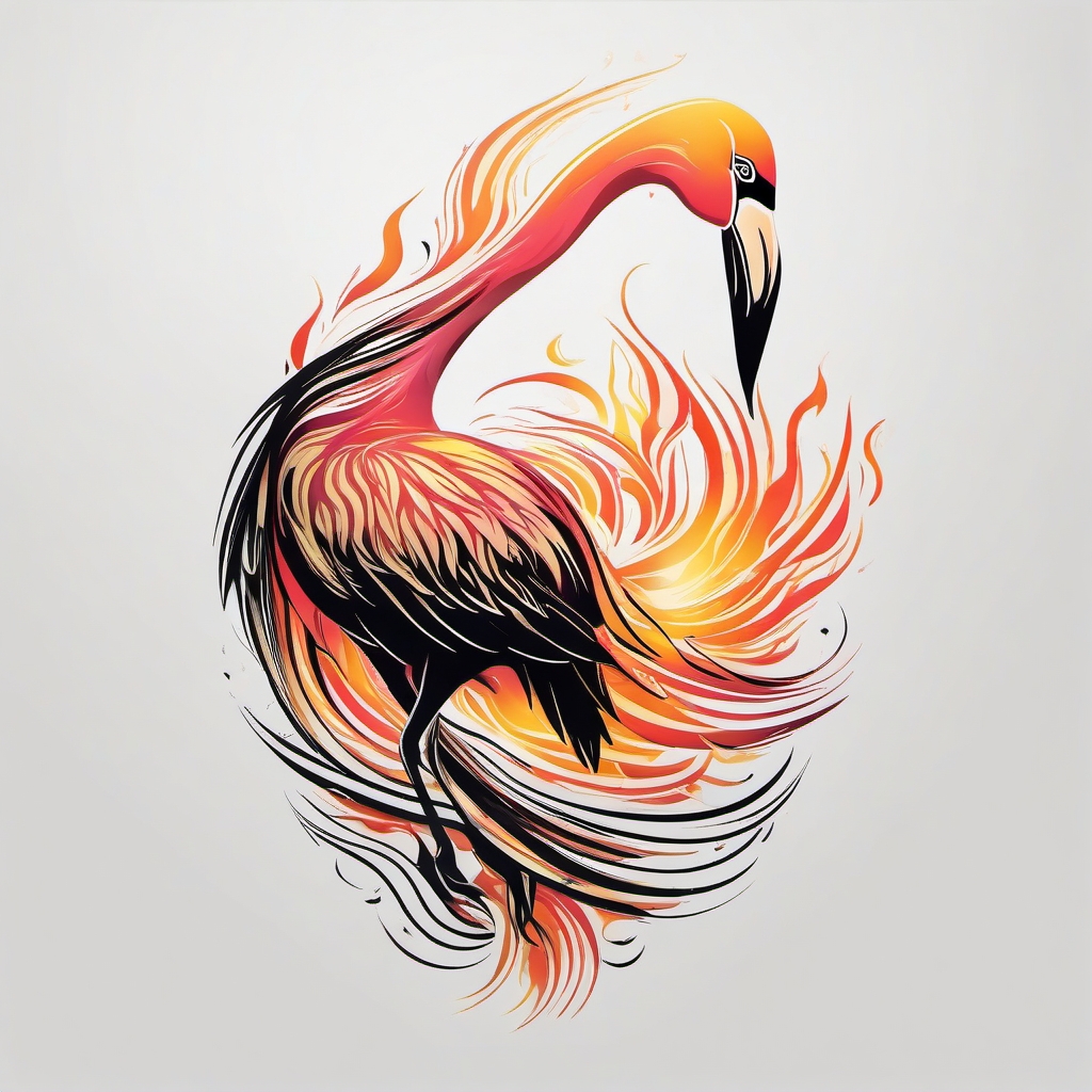 Flamingo tattoo rising from golden, transformative flames, resembling a crow.  color tattoo style, minimalist design, white background