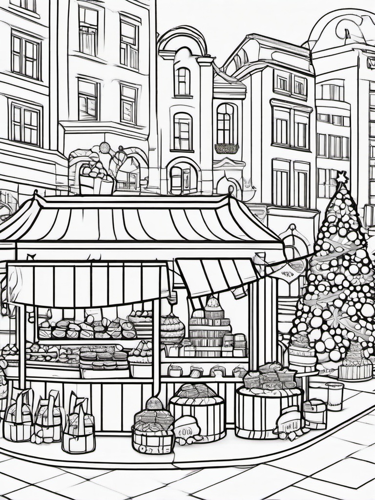 Christmas Market Coloring Pages - Festive Stalls and Holiday Treats  minimal black outline printable sheet, coloring page