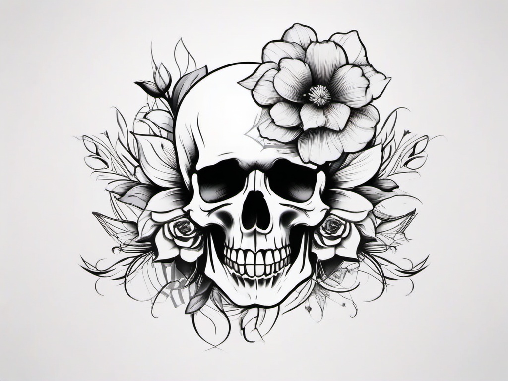 Flower and Skull Tattoo - Tattoo combining a flower and a skull in the design.  simple color tattoo,minimalist,white background