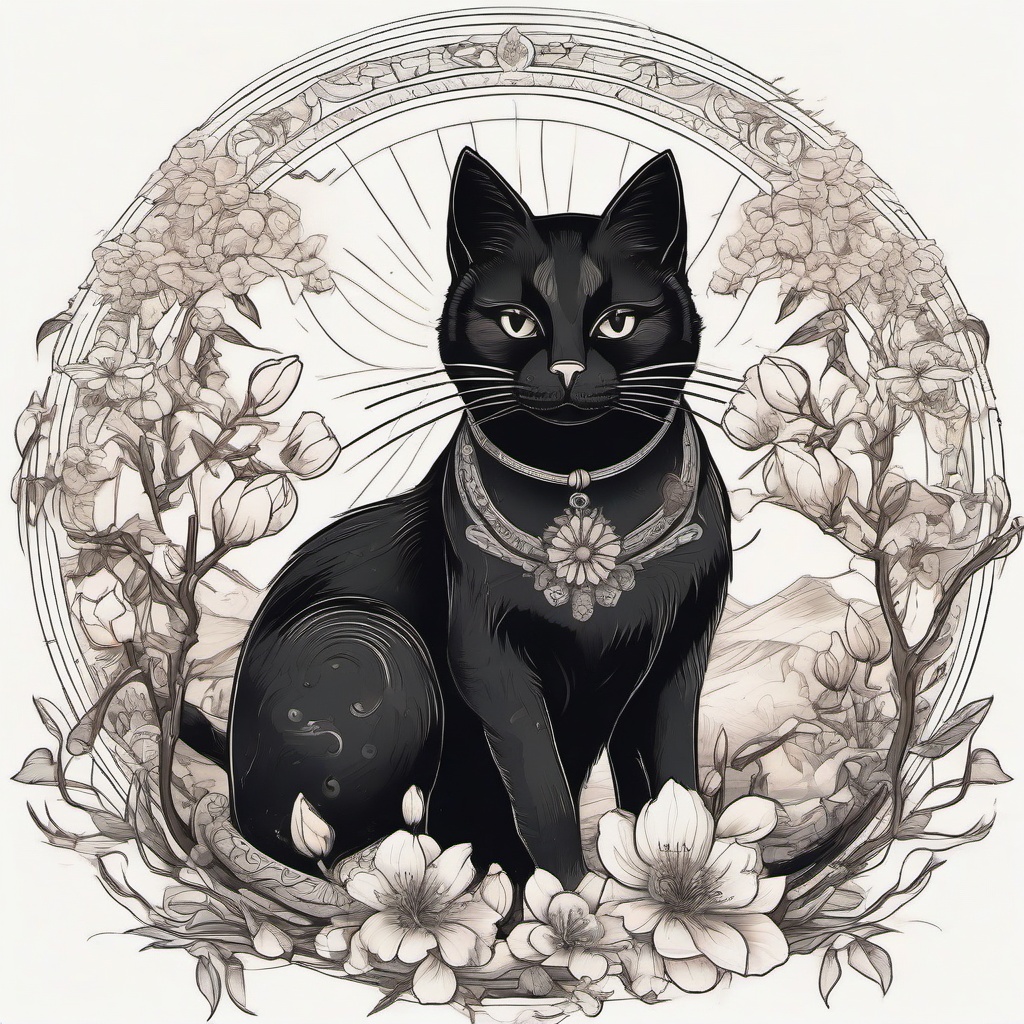 black cat sitting on acherry blossom wiht sun and mon around it black and with tradition style
  ,tattoo design, white background