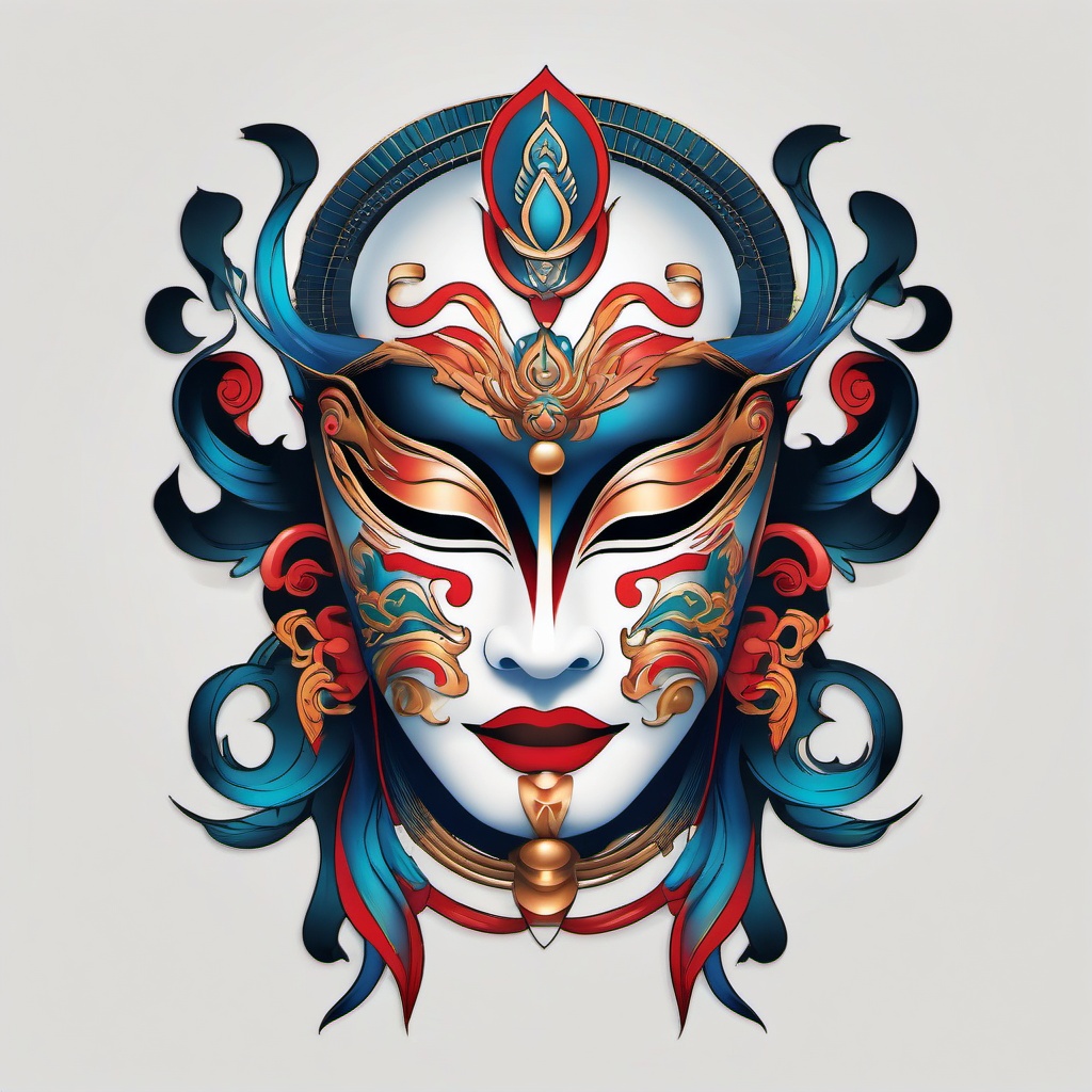 oriental mask tattoo  simple color tattoo,white background,minimal