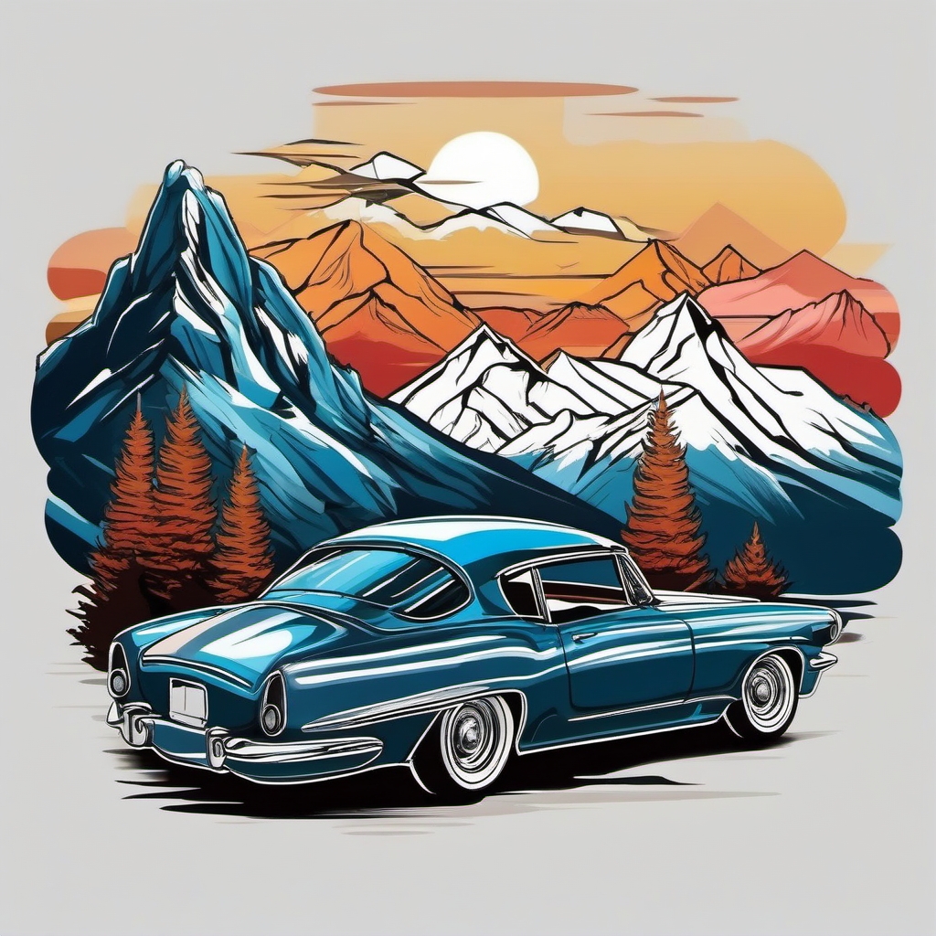 Car and mountain landscape ink. Symbol of road-trip freedom.  color tattoo design, white background