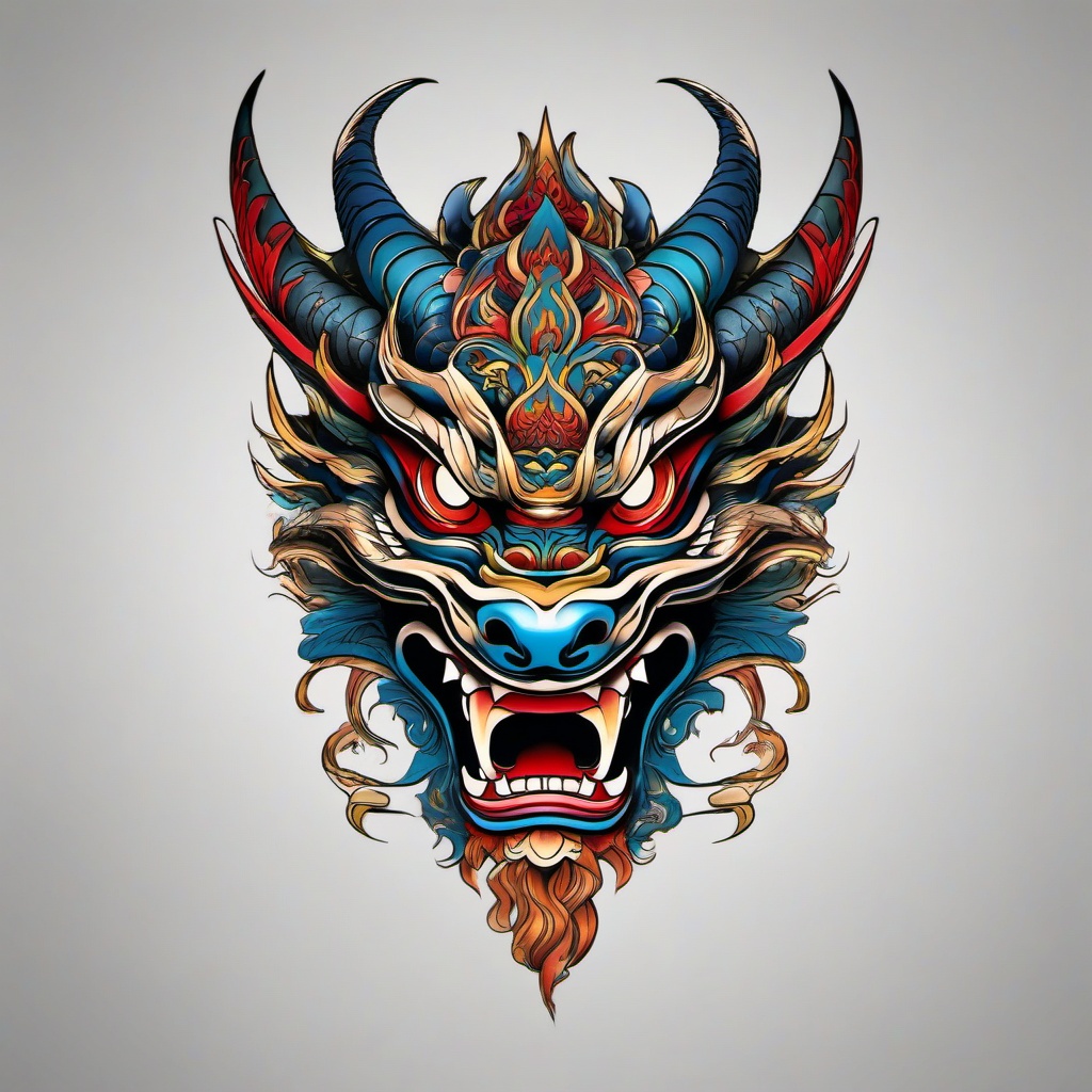 japanese dragon mask tattoo  simple color tattoo,white background,minimal