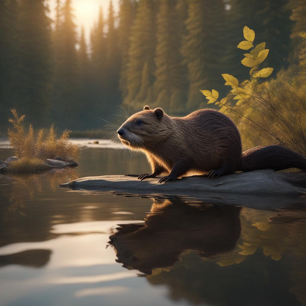 beaver kit building a dam along a peaceful river 8k ultrarealistic cinematic 