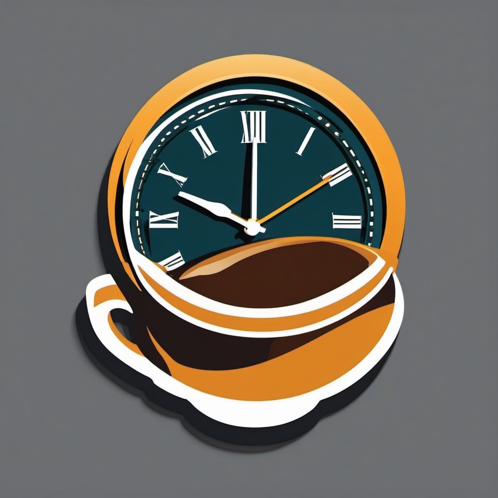 Coffee Time Sticker - Coffee cup with a clock face, ,vector color sticker art,minimal