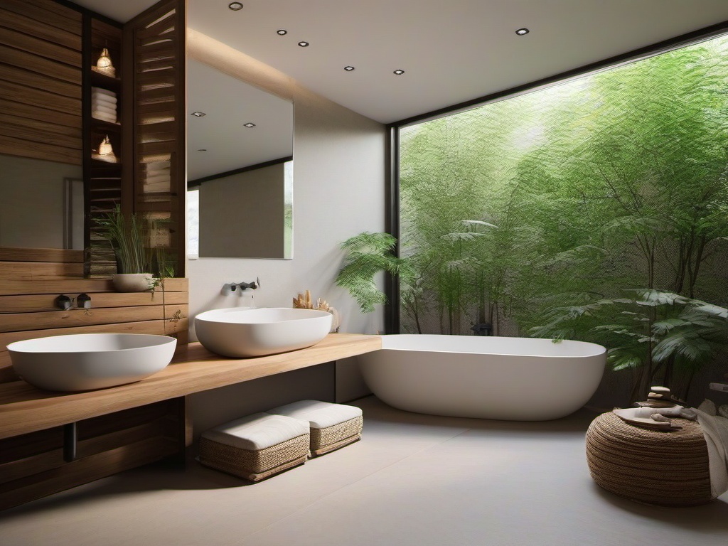 Zen bathroom promotes tranquility with natural materials, minimal decor, and soft colors, providing a peaceful environment for relaxation.  