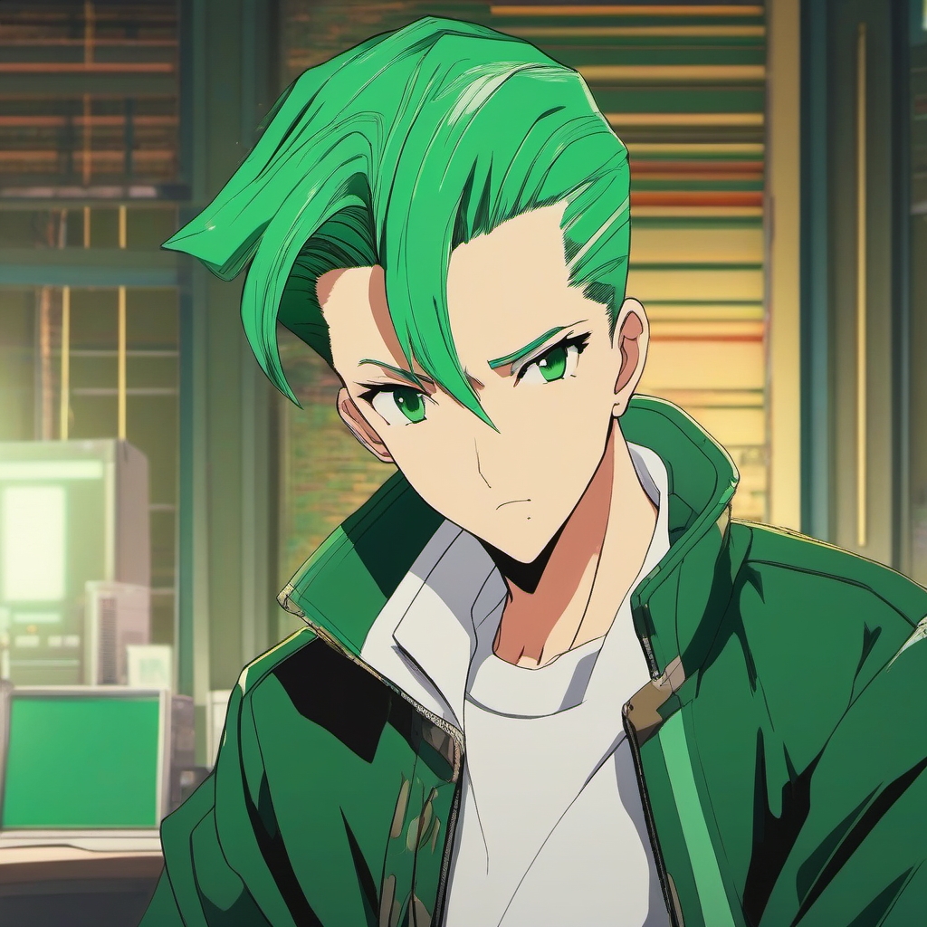 Boy with green slicked-back hair in a retro anime studio.  front facing, profile picture, anime style