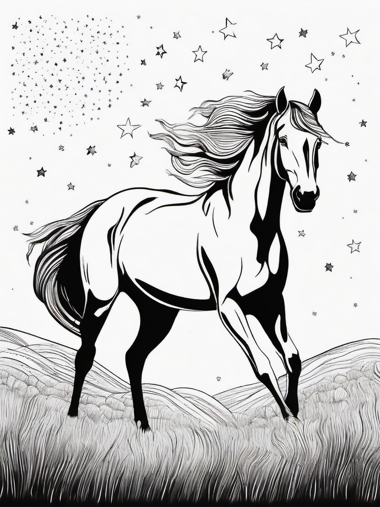 Horse with Stars Coloring Pages - Dreamy Horse Under a Starry Sky  minimal black outline printable sheet, coloring page